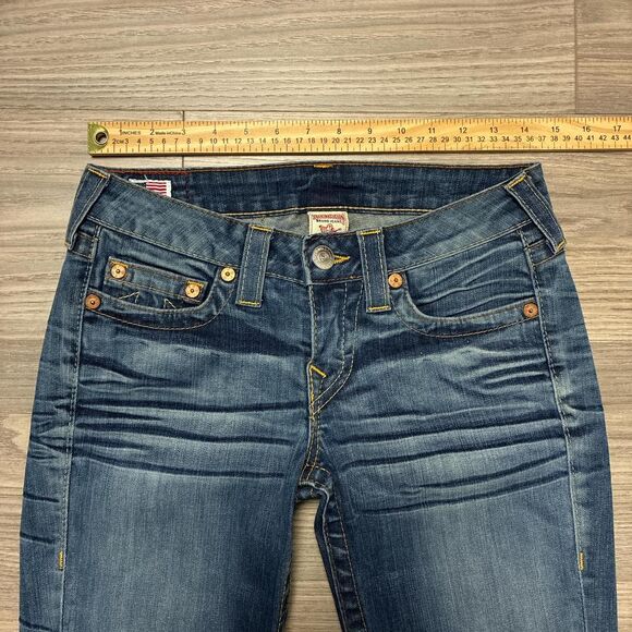 Vintage Y2K True Religion Low Rise Flare Blue Jeans Size 27 Distressed Western - Picture 2 of 7